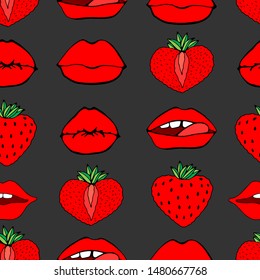 Hand drawn Seamless pattern symbol female. Comic style. Kiss lips and strawberry. Vector surface design isolated