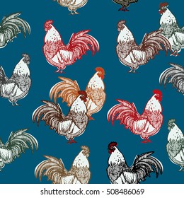 Hand drawn seamless pattern with symbol of 2017 by Chinese calendar - rooster.
Vector design.