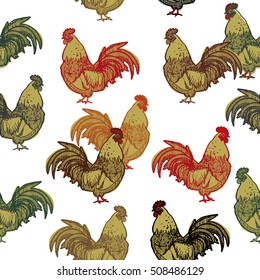 Hand drawn seamless pattern with symbol of 2017 by Chinese calendar - rooster.
Vector design.