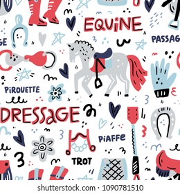 Hand drawn seamless pattern with symbols of dressage. Horse riding concept.