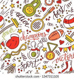 Hand drawn seamless pattern with symbols of sport. 