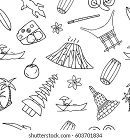 Hand drawn seamless pattern with symbols of Indonesia including Bromo volcano, Komodo, Borobudur, temple, traditional food, house, musical instruments. Vector illustration.