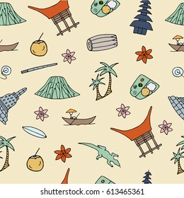 Hand drawn seamless pattern with symbols of Indonesia including Bromo volcano, Komodo, Borobudur, temple, traditional food, house, musical instruments. Vector illustration.