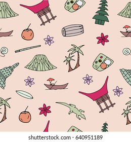 Hand drawn seamless pattern with symbols of Indonesia including Bromo volcano, Komodo, Borobudur, temple, traditional food, house, musical instruments. Vector illustration.
