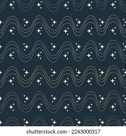 Hand drawn Seamless pattern with Symmetrical Wavy Lines And Stars, Geometric wave lines background. Design for wrapping paper, fabric, clothing, textile, surface textures, scrapbook and more