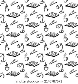 Hand drawn seamless pattern with table lamp, book, notebook, pen, pencil, cup of tea, cup of coffee on white background. Doodle Adult and kids coloring page. Back to school. school supplies