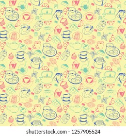 Hand drawn seamless pattern with tableware and food for hot drinking illustration