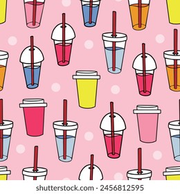 Hand drawn seamless pattern with takeaway cold and warm drinks in paper and plastic cups, colorful vector illustration