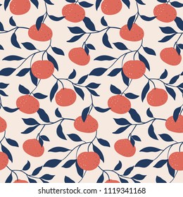 Hand drawn seamless pattern with Tangerines. Vector backdrop. Wallpaper with ripe citrus fruits. Good for fabric, textile, printing. 