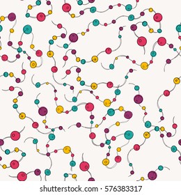 Hand drawn seamless pattern with tangled lines and colorful beads. Vector illustration.