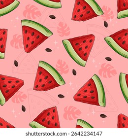 Hand drawn seamless pattern of tasty fresh watermelon slices with black seeds and plants, summer fruit pattern