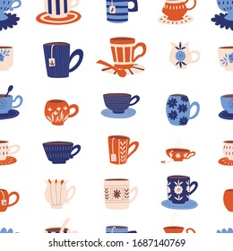 Hand drawn seamless pattern with tea cups on white background.