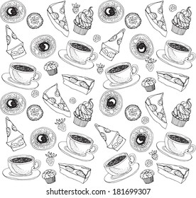 Hand drawn seamless pattern with tea and sweets