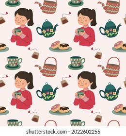 Hand drawn seamless pattern of tea time with a girl drinking tea.