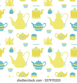 Hand drawn seamless pattern with tea time element. Tea pots, cups, honey.  For card, invitation, decoration, wrapping paper, cafe, menu, pajama. Abstract cute colorful background. Vector illustration.