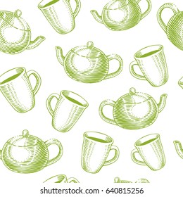 Hand drawn seamless pattern with tea set. Tea pots and tea cups. Vector vintage illustration. Elements for menu for restaurants and cafe.