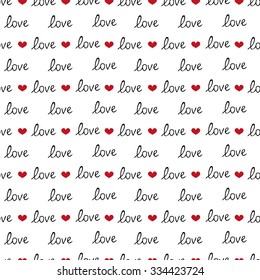 Hand drawn seamless pattern with text love. Valentines Day. Red heart. Vector illustration