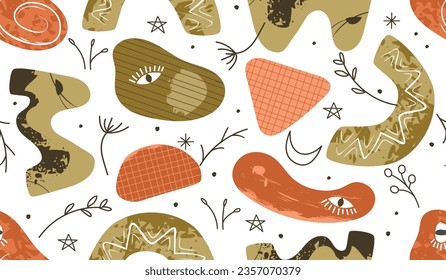 Handgezeichnetes, nahtloses Muster mit strukturierten Formen und Linien-Pflanze.Abstrakter Hintergrund mit doodlen Elementen und brüchigen Flecken.Moderner Druck auf Stoff und Papier.Farbige Vektorgrafik auf Weiß.