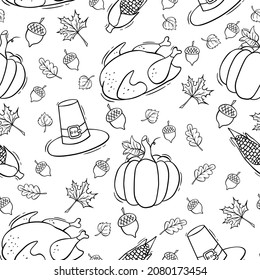 Hand drawn seamless pattern Thanksgiving Day in doodle style. Thanksgiving Day seamless pattern.