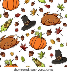 Hand drawn seamless pattern Thanksgiving Day in doodle style. Thanksgiving Day seamless pattern.