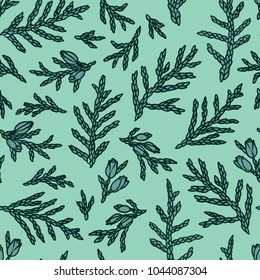 Hand drawn seamless pattern. Hand drawn thuja branches.
