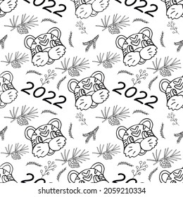 Hand drawn seamless pattern with tiger, cute symbol of the new year 2022. cartoon vector illustration for wrapping paper, greeting cards, calendars, fabric, banners, web, design 