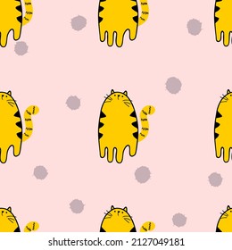 Hand drawn seamless pattern with tigers and spots. Perfect for T-shirt, textile and prints. Doodle vector illustration for decor and design.

