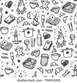 Hand drawn seamless pattern. Time to Hygge. Vector illustration on white background