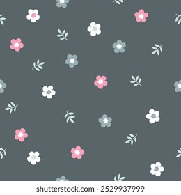 Padrão sem costura desenhado à mão com flores pequenas cores claras no fundo pântano escuro. Lovely romântico Ditsy Fashion Print para o fundo, design de férias, papel de parede, tecido