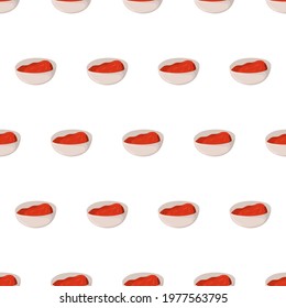 Hand drawn seamless pattern with tomato ketchup in bowl for background design. Vector isolated illustration.