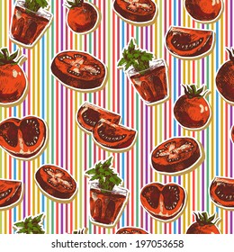 Hand Drawn Seamless Pattern with Tomatoes on Striped Background Sketch of vegetables, Tomatoes.  Vector Design Menu Element.