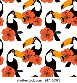 Hand drawn seamless pattern with toucans in vector
