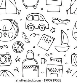 Patrón sin fisuras con elementos turísticos. Doodles, fondo.
