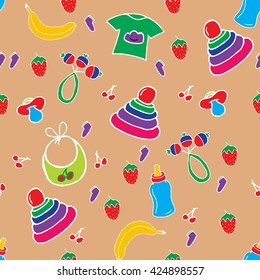 Hand drawn seamless pattern with toys and baby care elements
