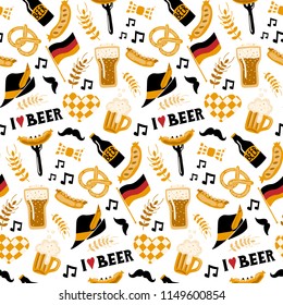 Hand drawn seamless pattern with traditional Beer fest attributes on white background. Craft beer print. Doodle style. Vector repeating wallpaper.