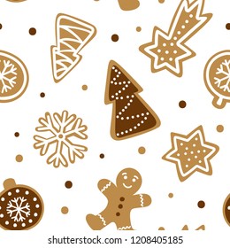 Hand drawn seamless pattern with traditional Christmas cookie. Cute gingerbread repeating wallpaper. Vector design fo winter season.