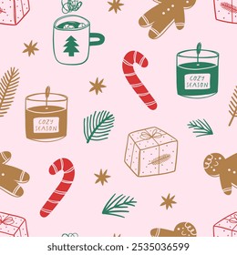 Dibujado a mano sin patrón con Elementos de Navidades tradicionales. Estilo Antiguas. Ilustración vectorial