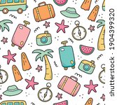 Hand drawn seamless pattern of travel summer vacation elements, luggage, map, suitcase, sea star. Doodle sketch style. Travel element drawn by digital pen. Illustration for wallpaper, background