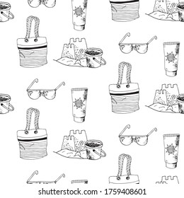 Hand drawn seamless pattern of travel doodle. Vector illustration. Tourism and summer sketch with travelling elements