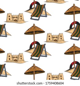 Hand drawn seamless pattern of travel doodle. Vector illustration. Tourism and summer sketch with travelling elements