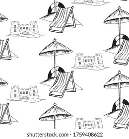 Hand drawn seamless pattern of travel doodle. Vector illustration. Tourism and summer sketch with travelling elements