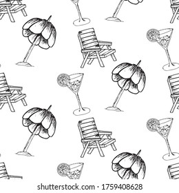 Hand drawn seamless pattern of travel doodle. Vector illustration. Tourism and summer sketch with travelling elements