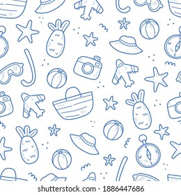 Handgezeichnet nahtlose Muster der Reise Sommerurlaub Elemente, Gepäck, Karte, Koffer, Seestern. Doodle-Sketch-Stil. Reiseelement mit digitalem Stift. Illustration für Tapeten, Hintergrund