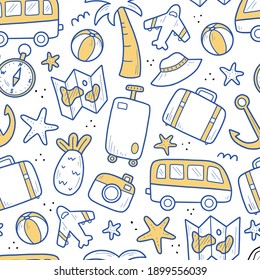 Patrón sin fisuras dibujado a mano de elementos de vacaciones de verano de viaje, equipaje, mapa, maleta, estrella del mar. Estilo de dibujo de Doodle. Elemento de viaje dibujado con lápiz digital. Ilustración del fondo de pantalla, fondo