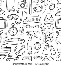 Hand drawn seamless pattern of travel summer vacation elements, luggage, map, suitcase, sea star. Doodle sketch style. Travel element drawn by digital pen. Illustration for wallpaper, background