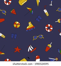Patrón sin fisuras dibujado a mano de elementos de vacaciones de verano de viaje, equipaje, mapa, maleta, estrella del mar. Estilo de dibujo de Doodle. Elemento de viaje dibujado con lápiz digital. Ilustración del fondo de pantalla, fondo