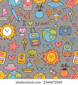 Hand drawn seamless pattern with travel icons. Summer vacation. Doodle, sketch. Traveling, holidays, relaxation. Vector illustration