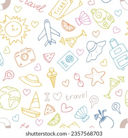 Hand drawn seamless pattern with travel icons. Summer vacation. Doodle, sketch. Traveling, holidays, relaxation. Vector illustration