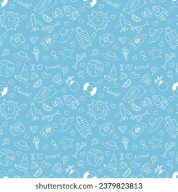 Hand drawn seamless pattern with travel icons. Summer vacation. Doodle, sketch. Traveling, holidays, relaxation. Vector illustration