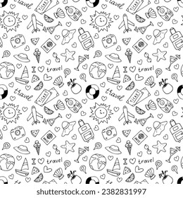 Hand drawn seamless pattern with travel icons. Summer vacation. Doodle, sketch. Traveling, holidays, relaxation. Vector illustration